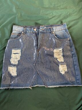 Distressed Sequin Denim Mini Skirt - Blue
